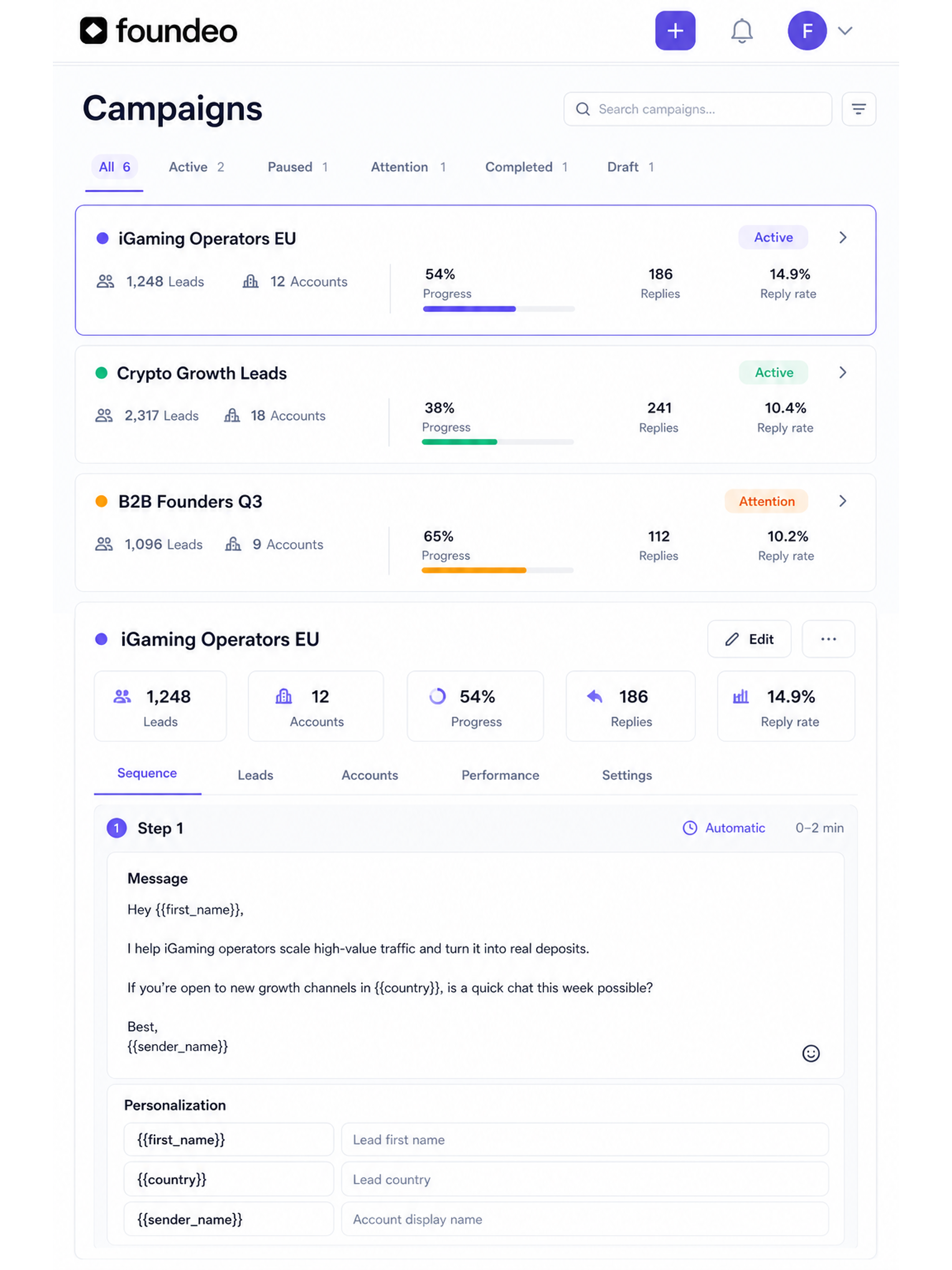 Foundeo campaign workspace with synthetic active, paused, completed, and draft Telegram outreach campaigns